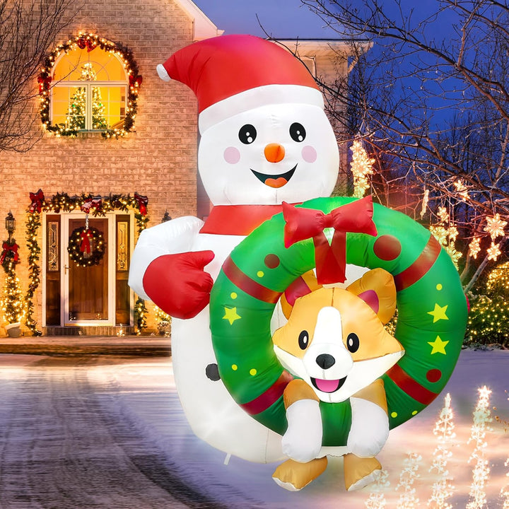 1.8 M Aufblasbare Weihnachtsdeko Aussen, Lustiger Schneemann Aufblasbar mit Corgi im Kranz, Outdoor