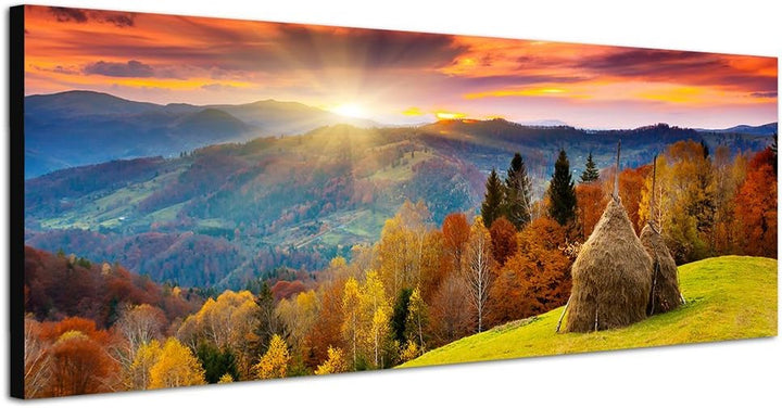Paul Sinus Art Bilder Wand Bild - Kunstdruck 150x50cm Wald Berge Wiese Herbst Sonnenuntergang