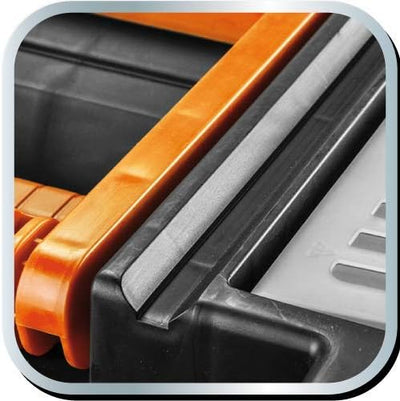 NEO TOOLS Werkzeugkoffer auf Rädern, mobile Werkstatt 40x40x70,5 cm, vier Organizer, vier Ergoboxen