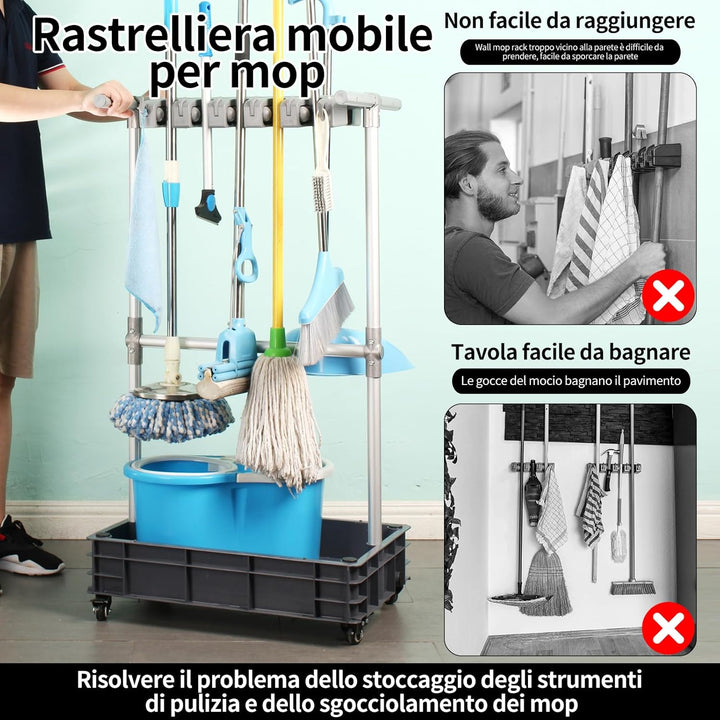 Mopphalter, besenhalter Aufbewahrung für Reinigungsgeräte, mobiler Reinigungswagen, löst das Problem