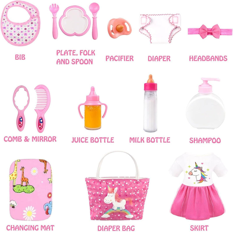 Baby Puppe Zubehör -Babypuppe Fütterung und Pflege Set mit Windel Puppenwickeltasche Flaschen für Mä
