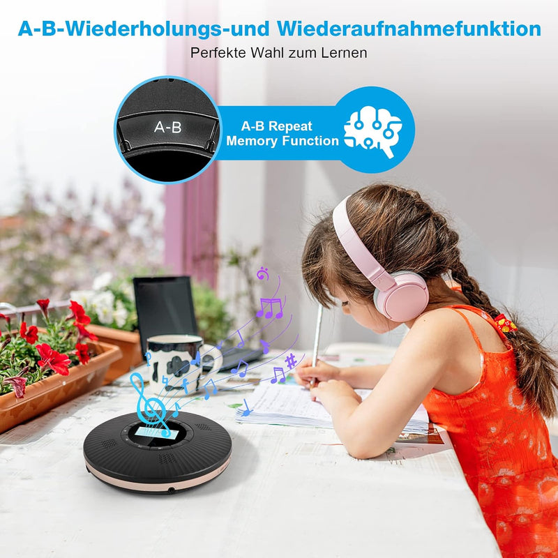 HOTT CD Player Tragbar Bluetooth CD-Player mit 4 Lautsprecher und FM-Transmitter, Tragbarer CD Playe