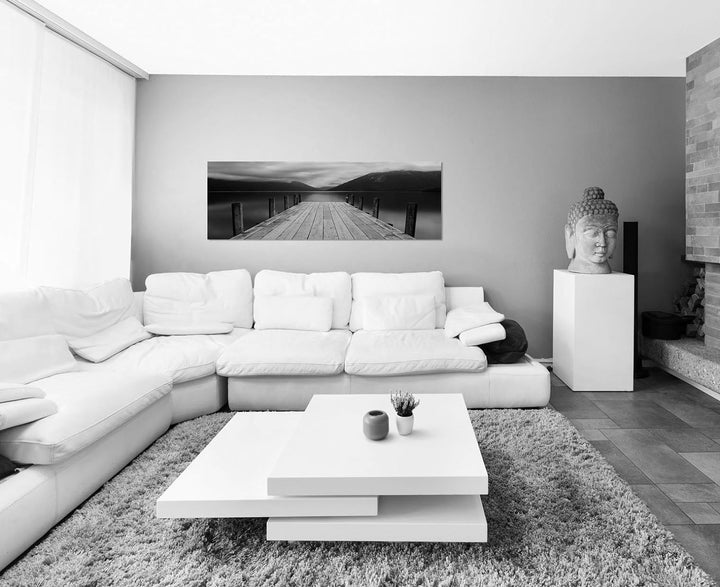 Paul Sinus Art Leinwandfoto als Panorama SCHWARZ/Weiss 150x50cm See Berge Steg Dämmerung Wolken