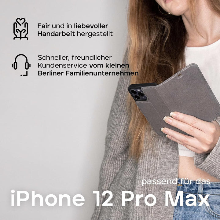 WIIUKA Hülle für iPhone 12 Pro Max Lederhülle, Deutsches Premium Leder, mit Kartenfach, extra Dünn,
