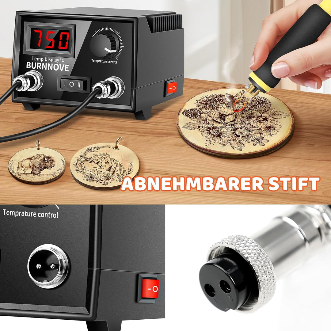 BURNNOVE Holz Pyrographie Set 100W, 100–750°C, Doppel-Pyrographie-Stifte mit LCD-Display, 21 Spitzen