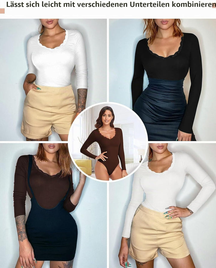 WOWENY Thermo Body Damen Langarm Elegant Langarmbody mit Spitze V-ausschnitt Fleece Bodysuit Warm Be