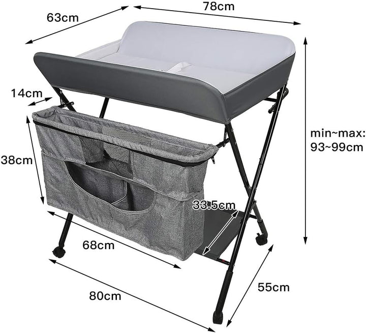 Wickeltisch klappbar, Wickelkommode mit Auflage, platzsparend & mobilSicherheitsgurt und 4 Rollen mi