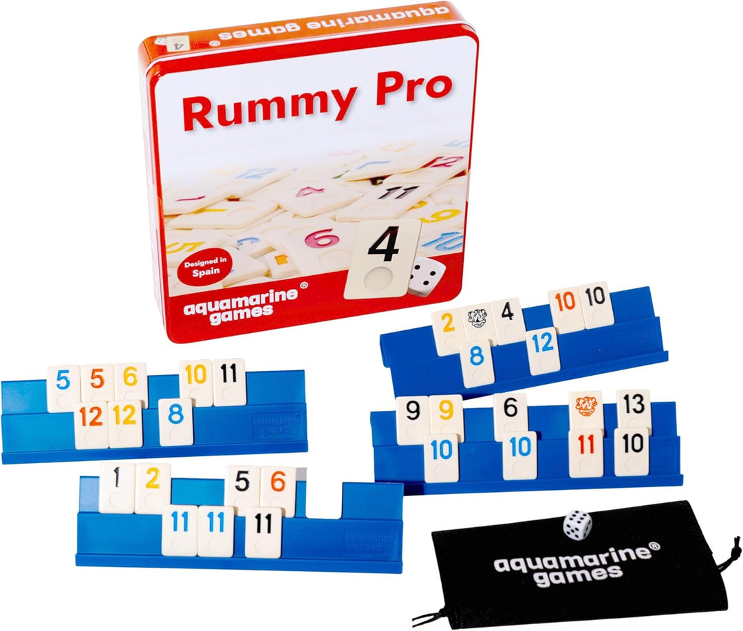 Aquamarine Games Rummy Pro, klassisches Brettspiel mit Harz-Chips, enthält 4 Notenständer und Tasche