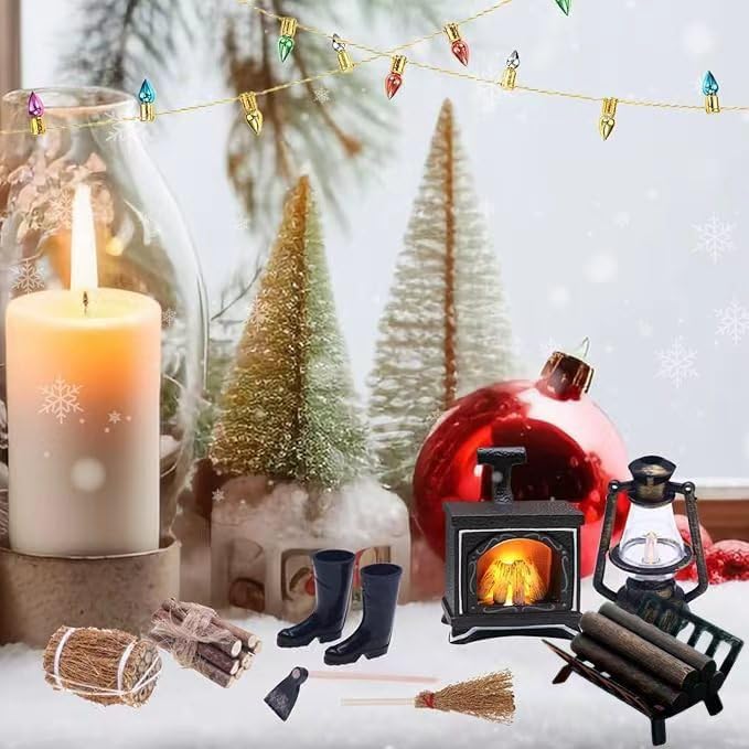 Puppenhaus Miniatur Zubehör Set, 13 Stück Wichtel Zubehör Weihnachten Möbel mit Grusskarten, Miniatu