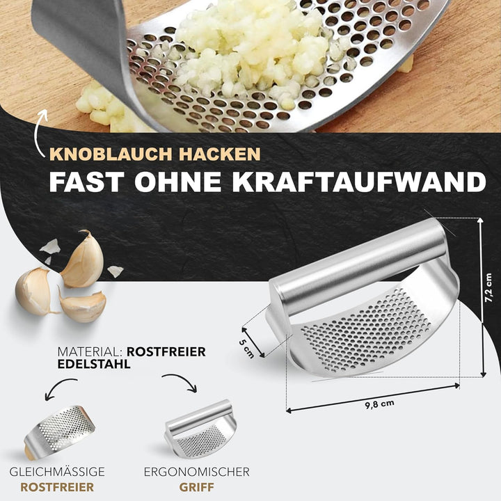 Knoblauchpresse Edelstahl 4-in-1 - Set Garlic Press & Knoblauchschneider mit Silikon-Schäler + Finge
