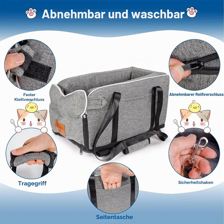 Hundeautositz für kleine Hunde bis 5.4kg | Universal Mittelkonsole Auto-Sitz | Abnehmbar waschbar |