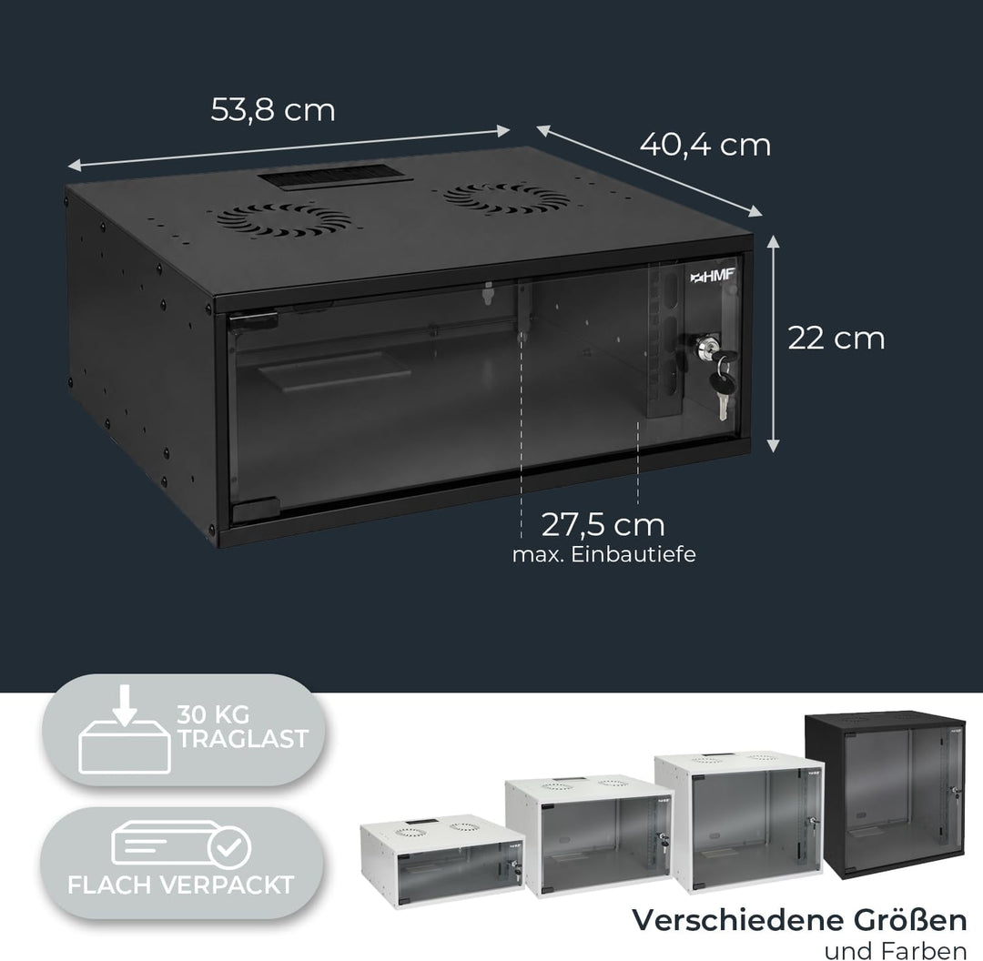 HMF 65704-02 Netzwerkschrank, Serverschrank 19 Zoll | 4 HE | 400 mm Tiefe | Glastür | Schwarz 4 HE S