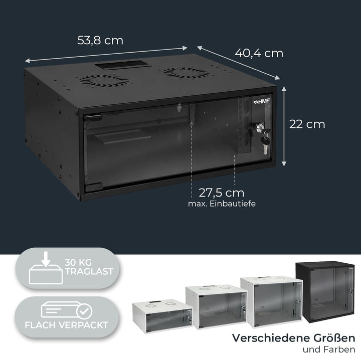 HMF 65704-02 Netzwerkschrank, Serverschrank 19 Zoll | 4 HE | 400 mm Tiefe | Glastür | Schwarz 4 HE S