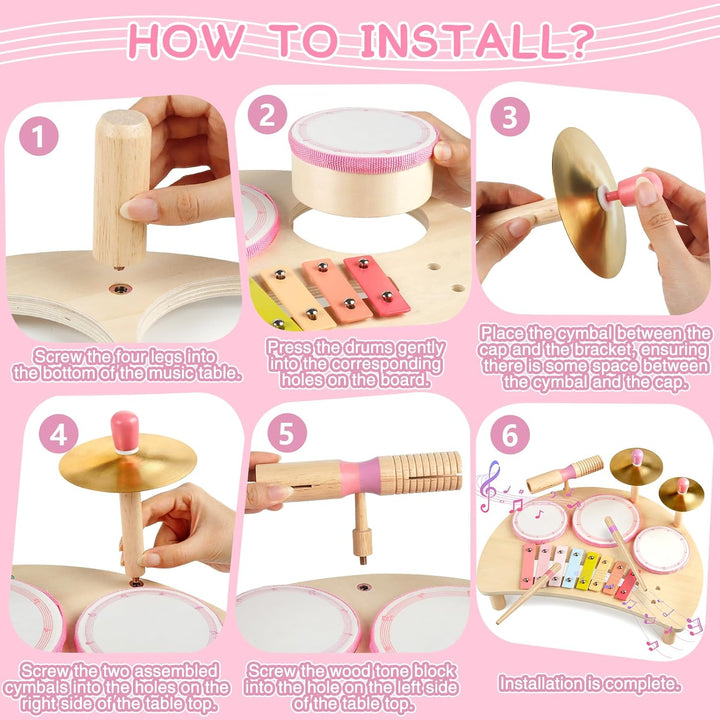 Holztrommelset - Montessori-Musikinstrumente für Kleinkinder, Schlagzeug-Set aus Holz mit Xylophon,