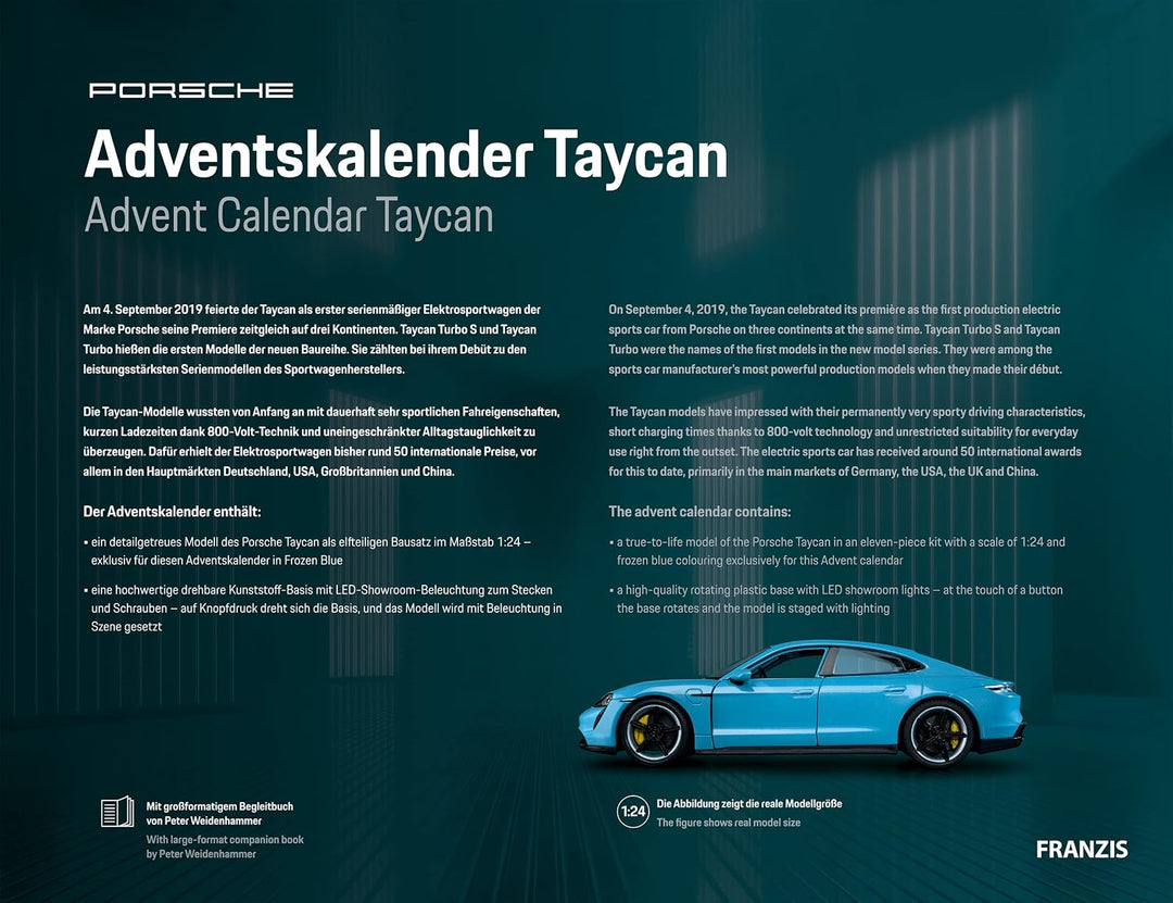 FRANZIS 67203 - Porsche Taycan Adventskalender frozen blue, Metall Modellbausatz im Massstab 1:24, i