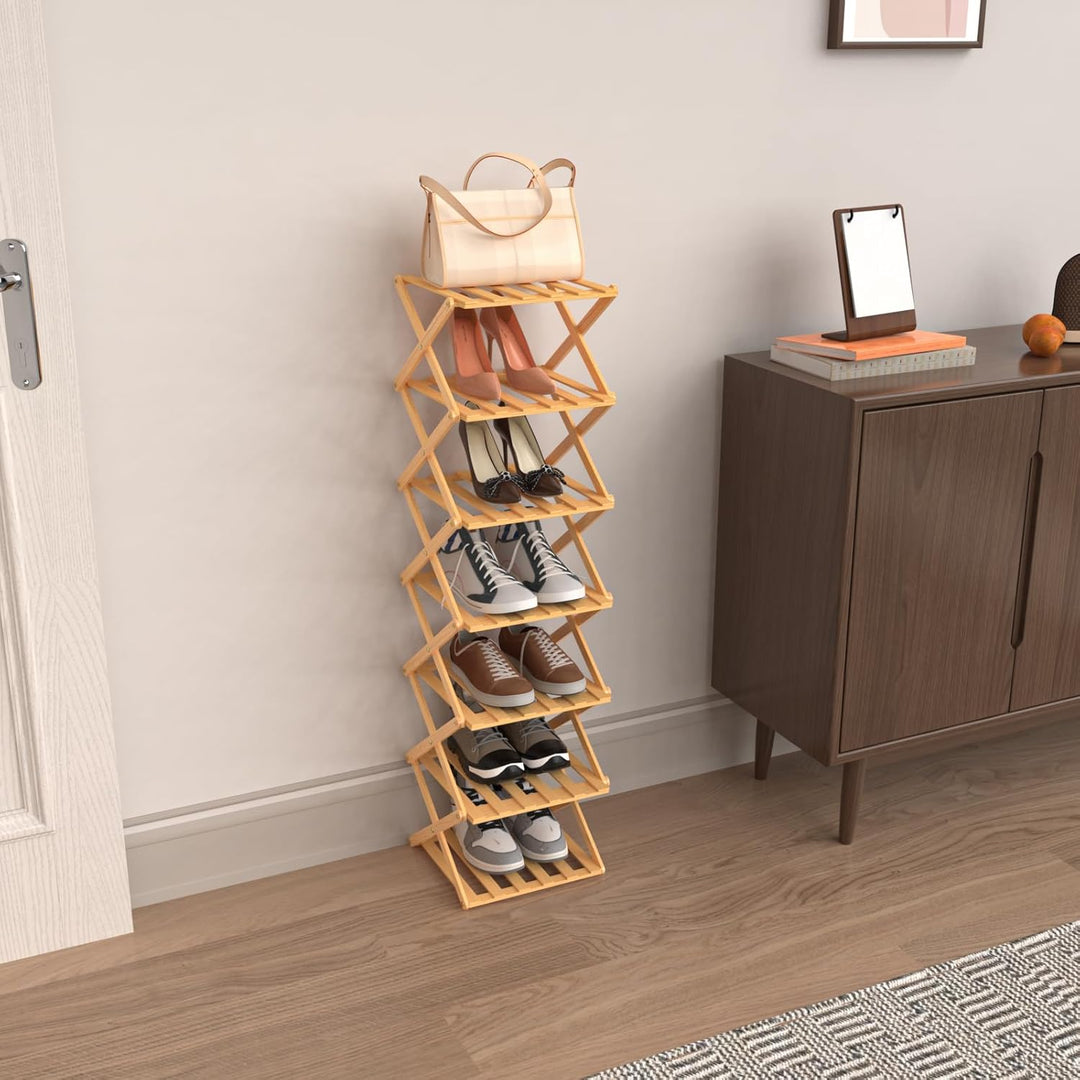 homewell Schuhregal aus Bambus mit 7 Ebenen, vertikales Schuhablage, Faltbares Montagefreies, Schuhr