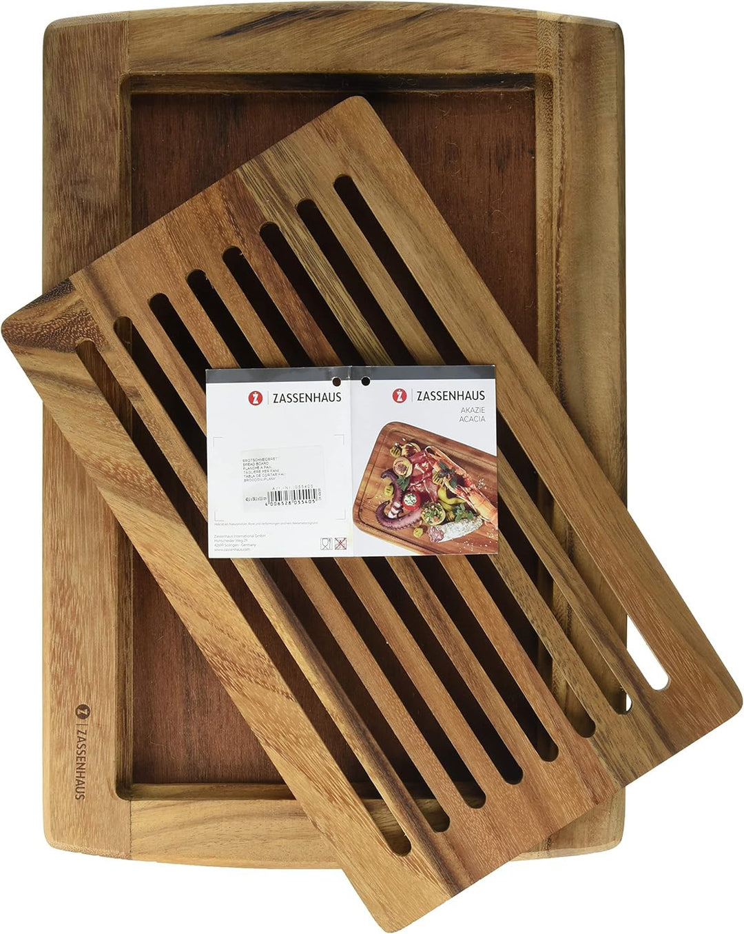 Zassenhaus Brotschneidebrett Gerillt , 42 x 28 x 2 cm , Mit herausnehmbarem Krümelgitter, Akazienhol