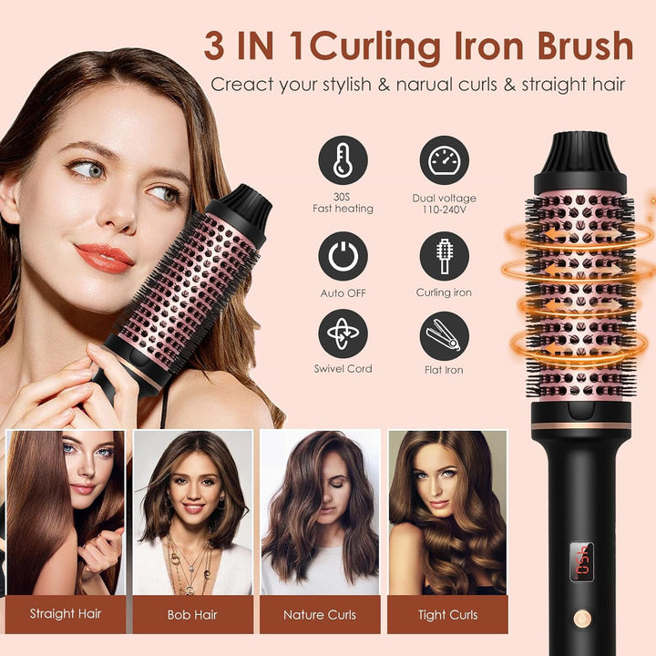 Thermal Brush, 3 IN 1 Lockenbürste Wärmebürste, 38 mm Volumen Haar Kamm, Thermobürste Rundbürste 120
