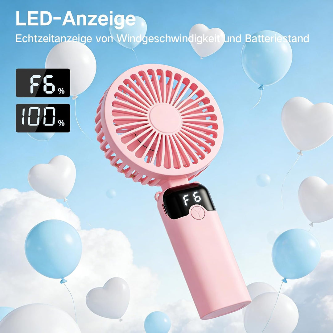 Handventilator, Tragbarer Mini Ventilator mit 4000mAh Akku, 6 Geschwindigkeitsstufen, 90° Faltbar Ha