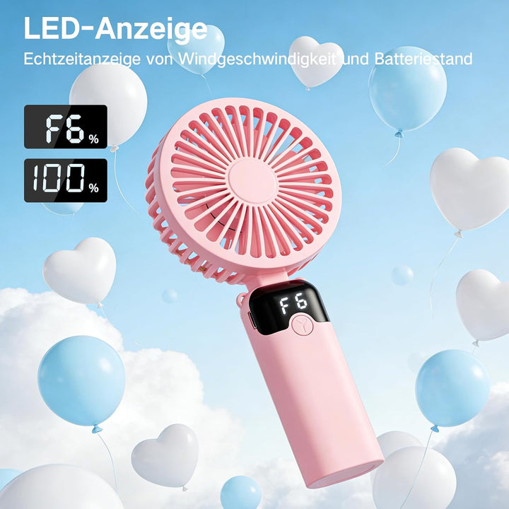 Handventilator, Tragbarer Mini Ventilator mit 4000mAh Akku, 6 Geschwindigkeitsstufen, 90° Faltbar Ha