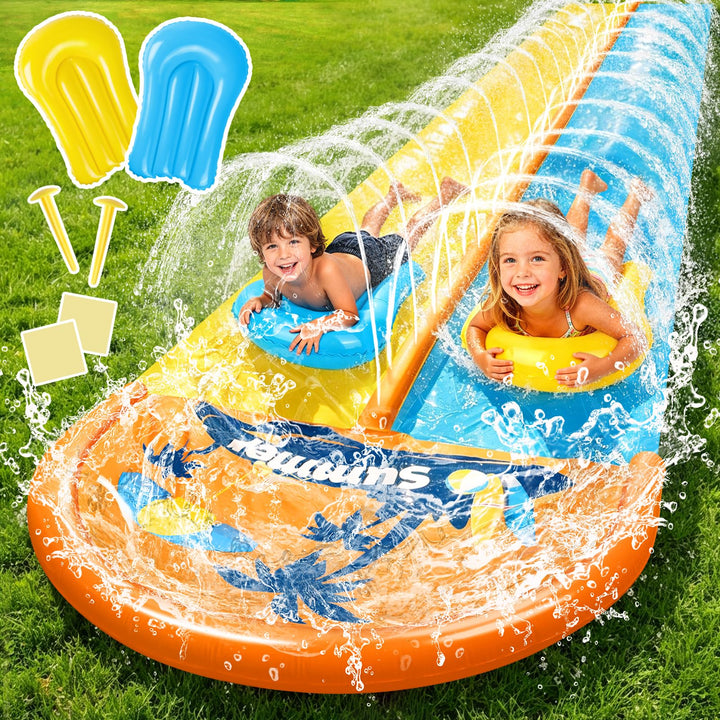 JONRRYIN 950cm Wasserrutsche, Extra Lange Doppel Garten Wasserrutsche mit 2 Aufblasbare Boards 1.55m