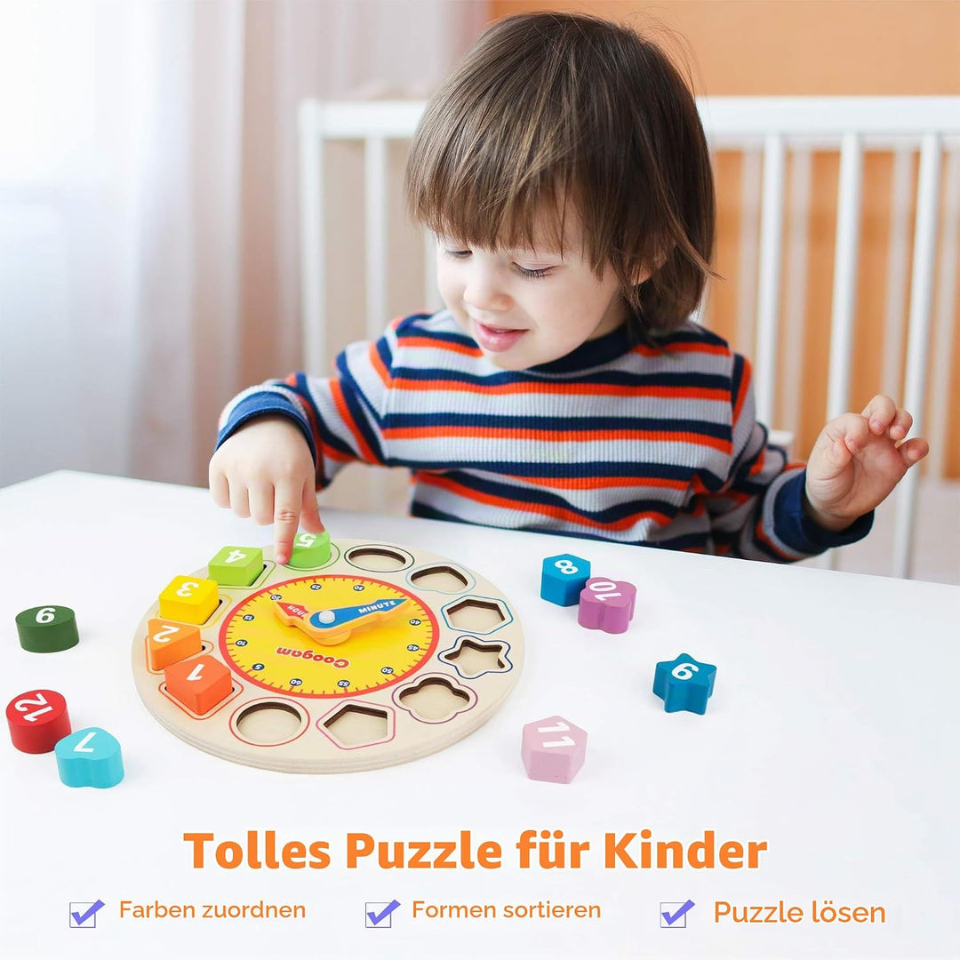 Coogam Lernuhr Holz Montessori Spielzeug mit 12 Steck-Formen Sortierung - Anzahl Blöcke Puzzle Stape