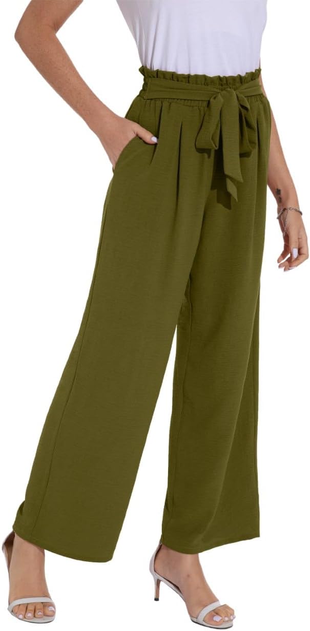 PrinStory Damen Hose Mit Weitem Bein Leichte Elastische Taille Sommer Hose Mit Taschen Kausale Arbei