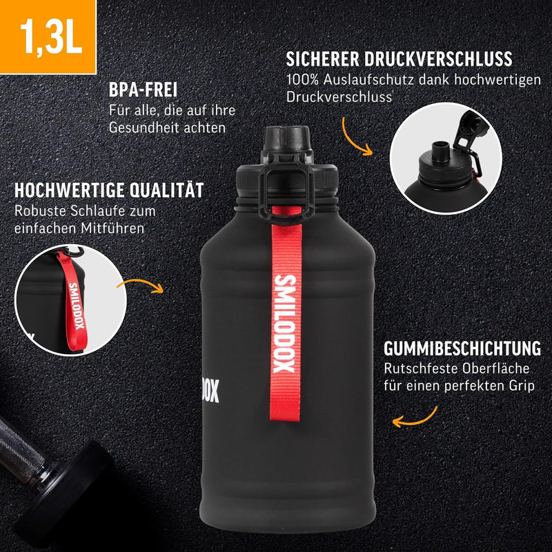 SMILODOX Edelstahl Trinkflasche 1,3 Liter - Extra Stark Sport & Fitness Wasserflasche mit Druckversc