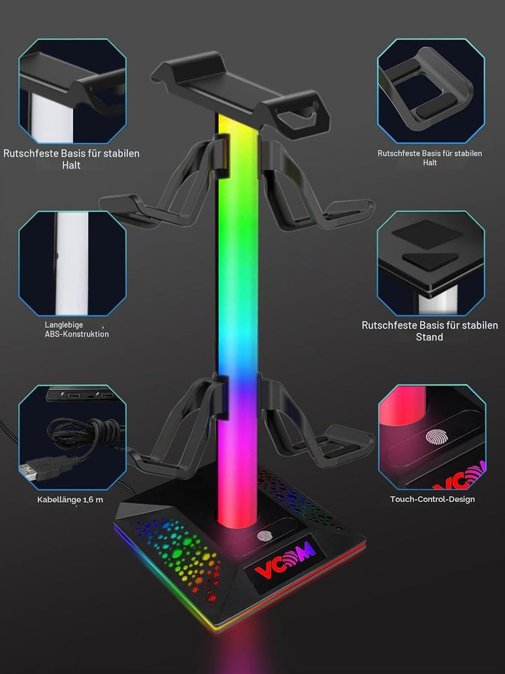 VCOM RGB Headset Halterung mit 2 USB- und 1 Typ-C-Anschluss, Gaming Zubehör Kopfhörer Ständer mit 10