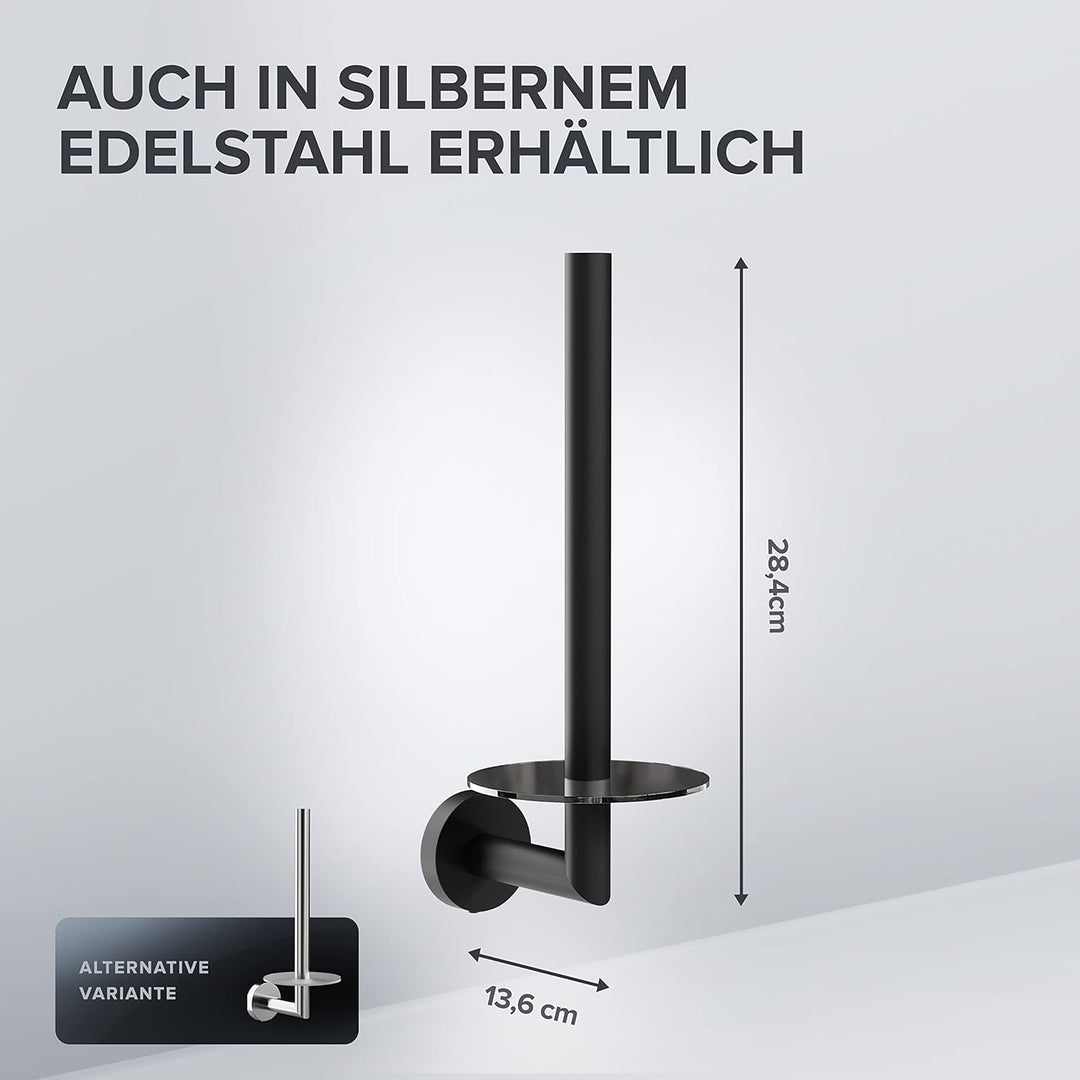 Ersatzrollenhalter Runde zum Bohren | Schwarz | aus Edelstahl und Glas | WC-Rollen Aufbewahrung zur