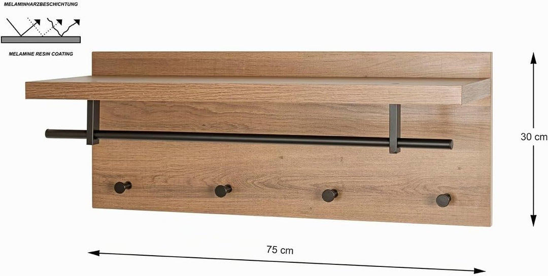HAKU Möbel Wandgarderobe, eiche, schwarz, 75 x 26 x H 30