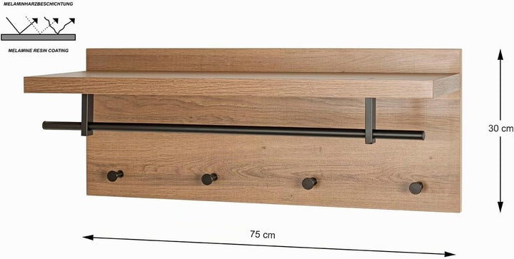 HAKU Möbel Wandgarderobe, eiche, schwarz, 75 x 26 x H 30