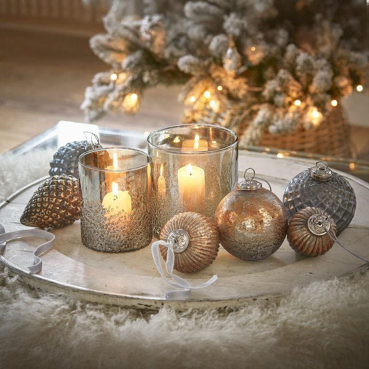 LOBERON® Weihnachtsschmuck 6er Set Layounne, Weihnachtsdeko, Glas, H/Ø ca. 10/10 cm, antiksilber/gra