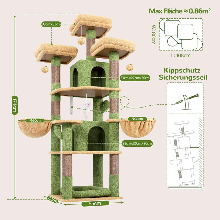 Globlazer Kratzbaum Grün Kaktus Stabil 174 cm mit 3 Gepolsterte Sitzstangen, 2 Katzenhaus, 2 Korb, A