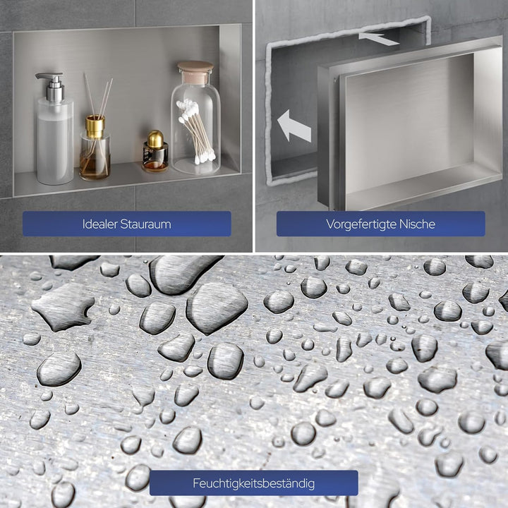 VILSTEIN Wandnische Dusche 30x45 cm [ROSTFREI] - Randlose Duschnische - Wandnische Silber - Einbaure