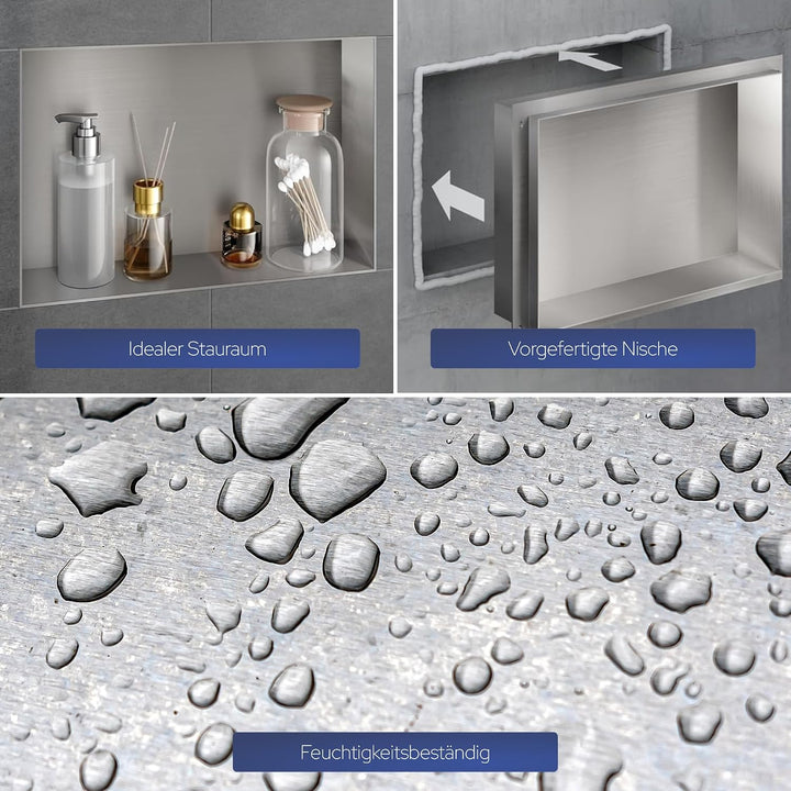 VILSTEIN Wandnische Dusche 30x60 cm [ROSTFREI] - Randlose Duschnische - Wandnische Silber - Einbaure