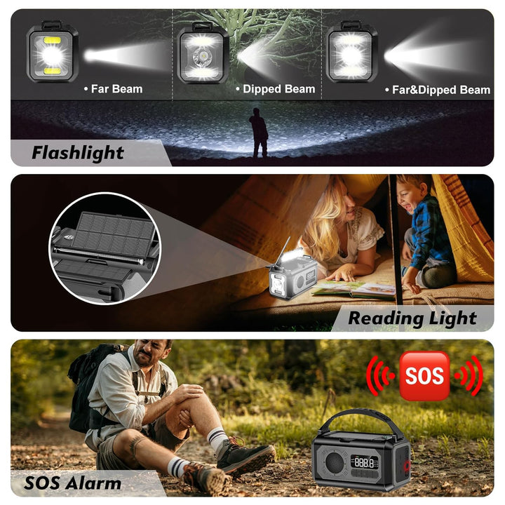 12000mAh Kurbelradio mit Handyladefunktion, Solar Radio mit 2 Sonnenkollektoren, AM/FM Tragbar Notfa