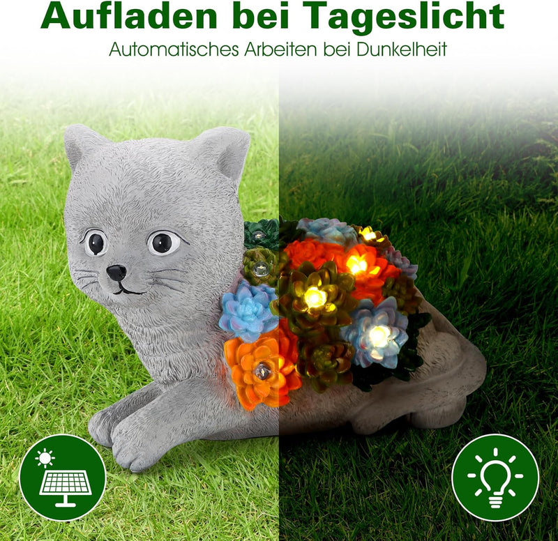 YIKEDAN Solar Gartenfiguren Katze mit Sukkulenten und 7 LED Leuchten, Gartendeko für Draussen, Harz