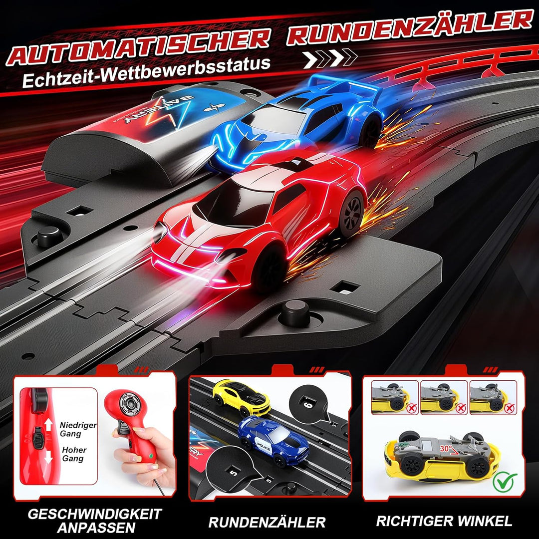 Autorennbahn Rennbahn Kinder, 1:64 Autobahn Duale Elektrische Rennstrecke - 4 LED Autos, Rundenzähle