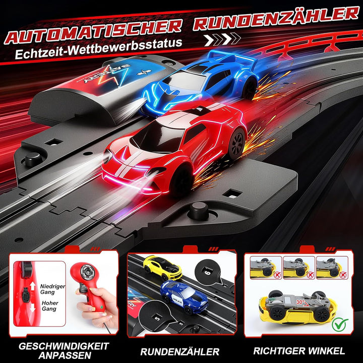 Autorennbahn Rennbahn Kinder, 1:64 Autobahn Duale Elektrische Rennstrecke - 4 LED Autos, Rundenzähle