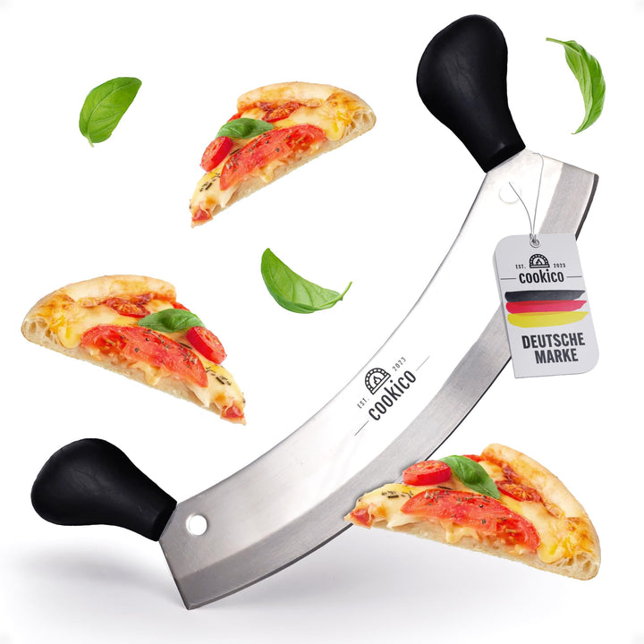 Pizzaschneider 30cm gross mit ergonomischen Handgriffen & Klingenschutz – Profi Wiegemesser für Pizz