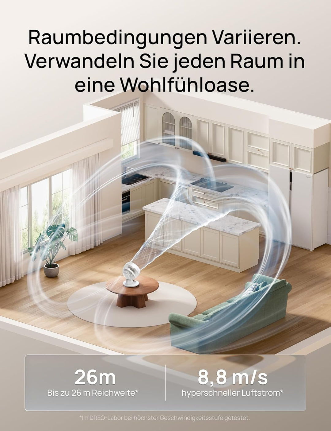 DREO 3D-Luftstrom Tischventilator – Leistungsstark mit 8,8 m/s, 22 dB leise, 90° schwenkbar, Smart A