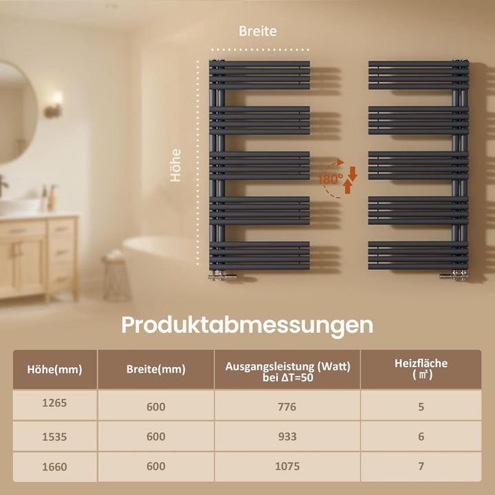 EMKE Design Rundrohr Badheizkörper 1265x600 mm, Handtuchheizkörper mit Seitenanschluss, Handtuchwärm