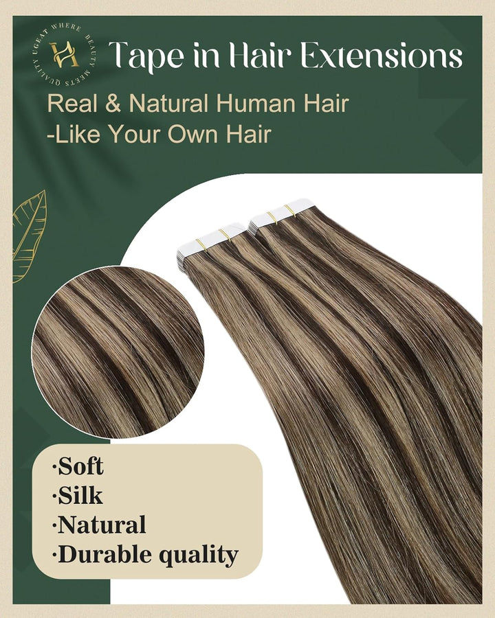Ugeat Hair Extensions Echthaar Tape Haarverlängerung mit Band 35cm Gesträhnt Dunkelbraun mit Karamel