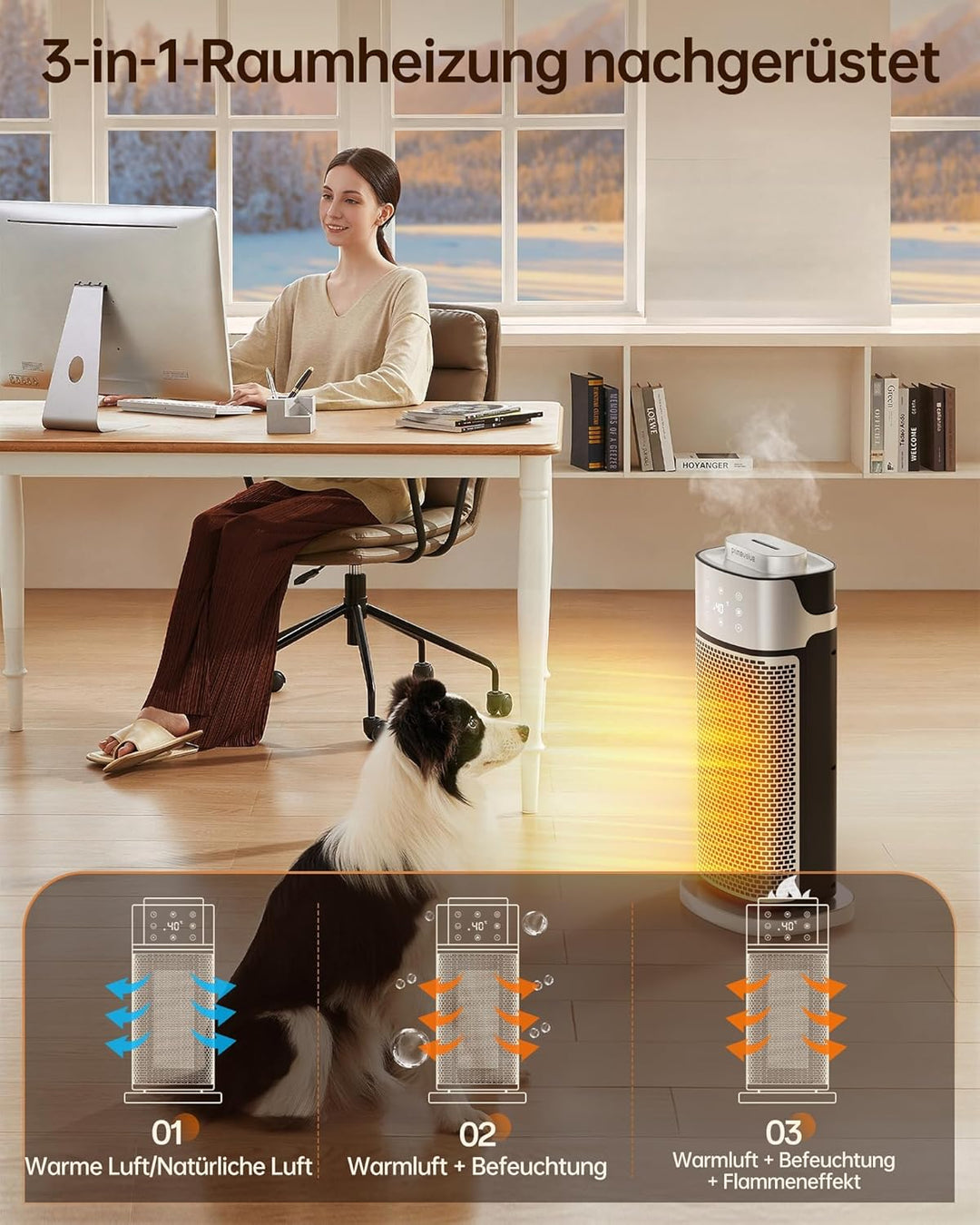 Primevolve Elektrische Heizlüfter Energiesparend mit Luftbefeuchterfunktion, 2000W PTC Keramik Heizu