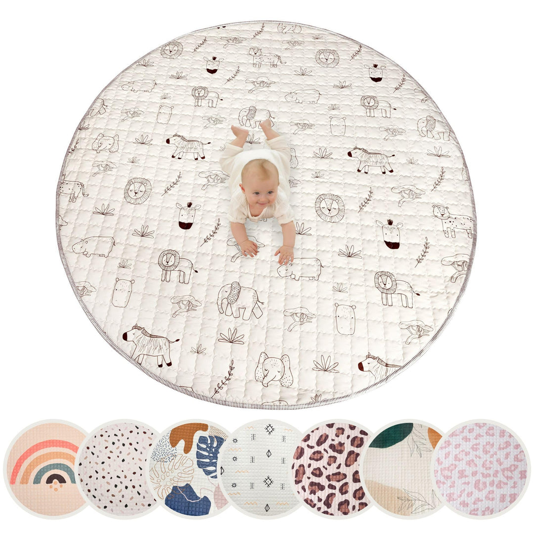 Gesteppte Krabbeldecke Baby 150cm, Safari Tiere– extra Dicke 1,5cm weiche Baby Krabbelmatte – Baby S