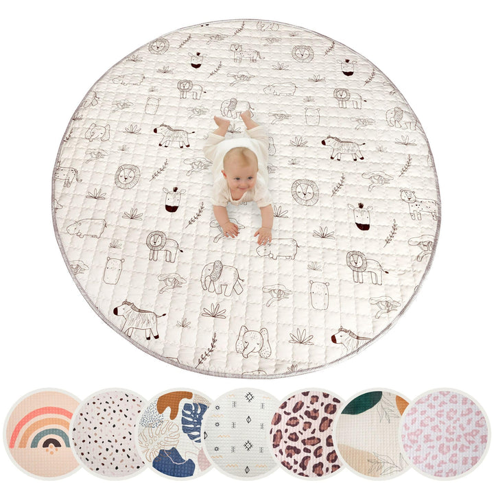 Gesteppte Krabbeldecke Baby 150cm, Safari Tiere– extra Dicke 1,5cm weiche Baby Krabbelmatte – Baby S