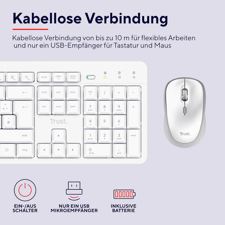 Trust ODY II Leise Tastatur Maus Set Kabellos Deutsches QWERTZ Layout, Flachen Tasten, Beidhändig Fu