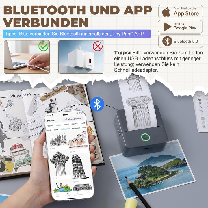 PRAOAHEI Mini Drucker, Tragbarer Thermodrucker mit 10 Rollen Druckerpapier | Bluetooth Etikettendruc