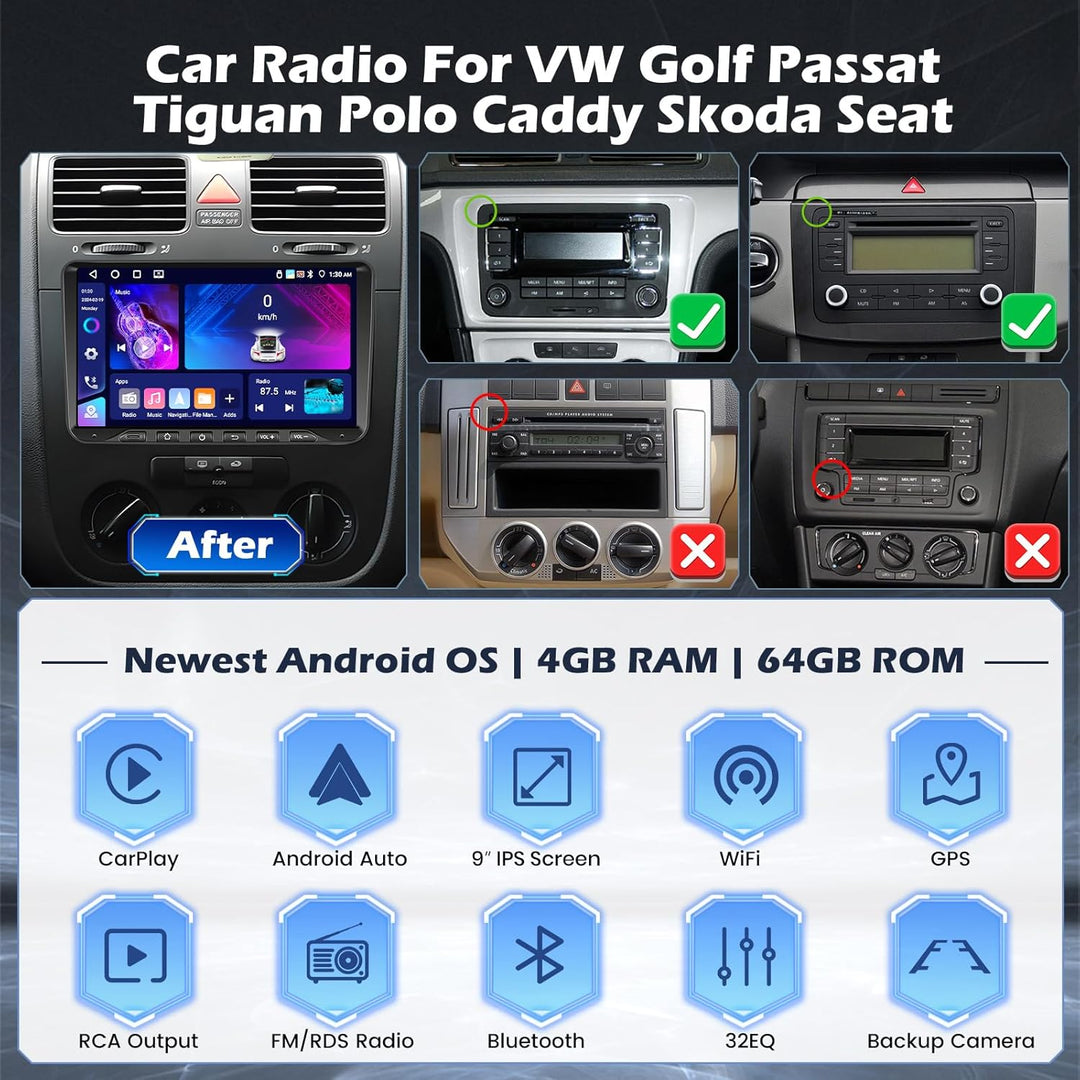 Hikity 4G+64G Android 15 Autoradio für VW Golf Polo Tiguan Caddy Touran Radio 2 Din Wireless Carplay